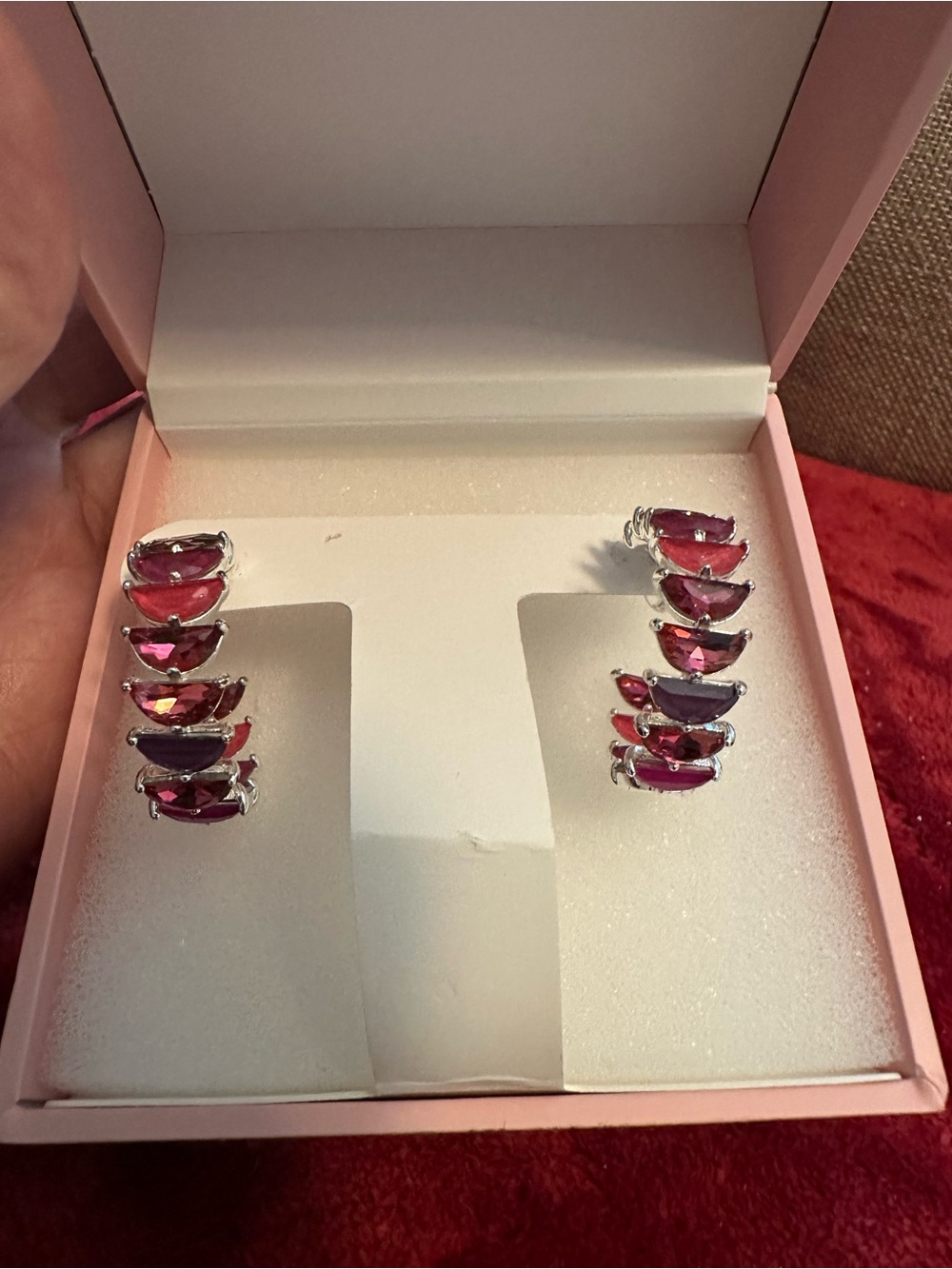 Silver Pink Multi-Stone Hoop Earrings